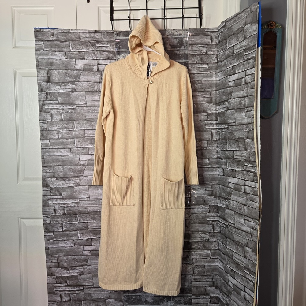 Vintage Storybook Knits Cardigan Duster Hooded Pale Yellow Cottagecore Medium